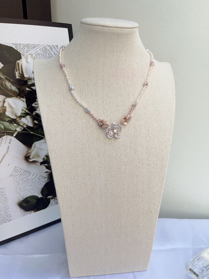 #PN1101 [Floral Series] Freshwater Pearl Necklace| Silver-pink Lustre Two-layer Flower| Stone Shape Baroque| Abacus Baby Pearl| Pink Purple Petals| 43+5cm| Summer Garden