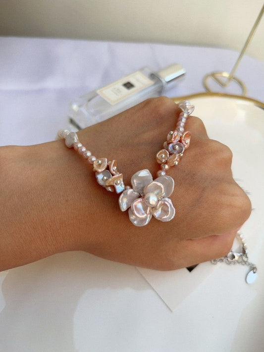 #PN1101 [Floral Series] Freshwater Pearl Necklace| Silver-pink Lustre Two-layer Flower| Stone Shape Baroque| Abacus Baby Pearl| Pink Purple Petals| 43+5cm| Summer Garden