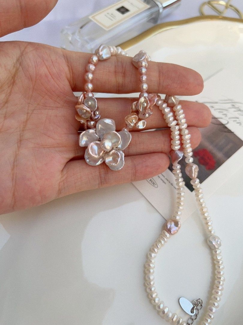 #PN1101 [Floral Series] Freshwater Pearl Necklace| Silver-pink Lustre Two-layer Flower| Stone Shape Baroque| Abacus Baby Pearl| Pink Purple Petals| 43+5cm| Summer Garden