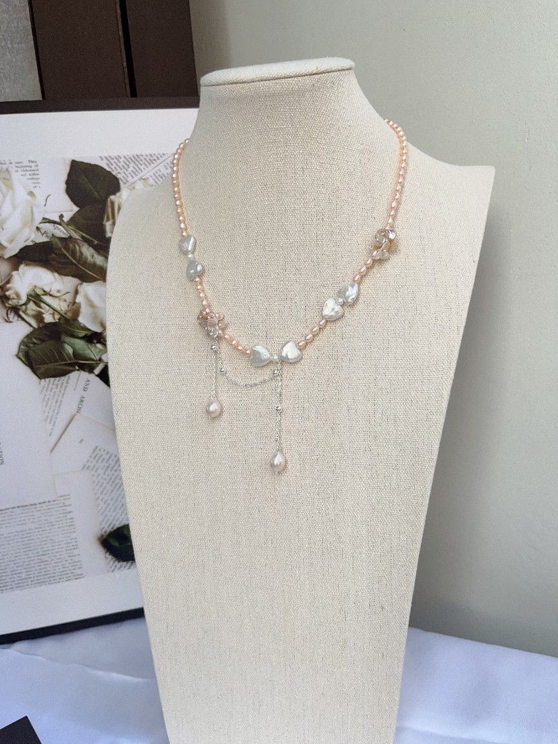#PN1102 [Floral Series] Freshwater Pearl Necklace| Bow Tie Design| 💜 Shape Baroque| Silver Champagne Petals| Dangling Water drop Baroque Pearl Superb Lustre| 43+5cm| Anniversary Gift 🎁| Add A bit Romance