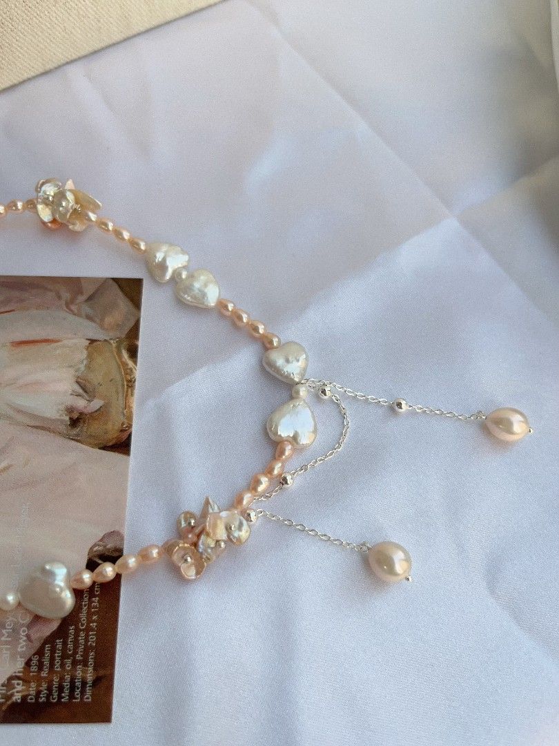 #PN1102 [Floral Series] Freshwater Pearl Necklace| Bow Tie Design| 💜 Shape Baroque| Silver Champagne Petals| Dangling Water drop Baroque Pearl Superb Lustre| 43+5cm| Anniversary Gift 🎁| Add A bit Romance