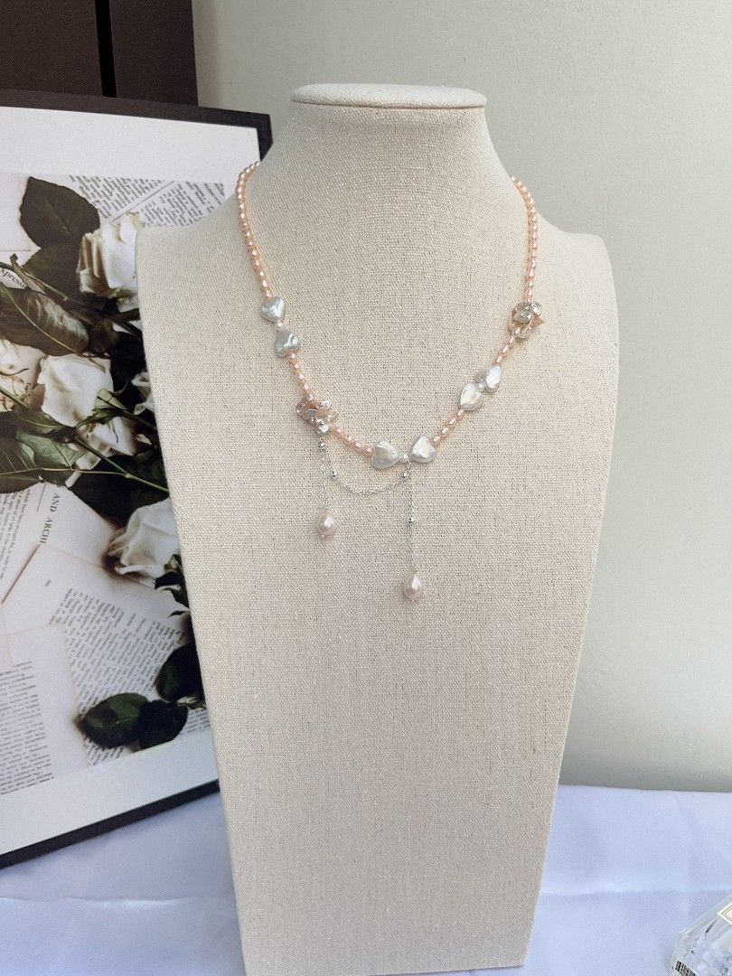 #PN1102 [Floral Series] Freshwater Pearl Necklace| Bow Tie Design| 💜 Shape Baroque| Silver Champagne Petals| Dangling Water drop Baroque Pearl Superb Lustre| 43+5cm| Anniversary Gift 🎁| Add A bit Romance