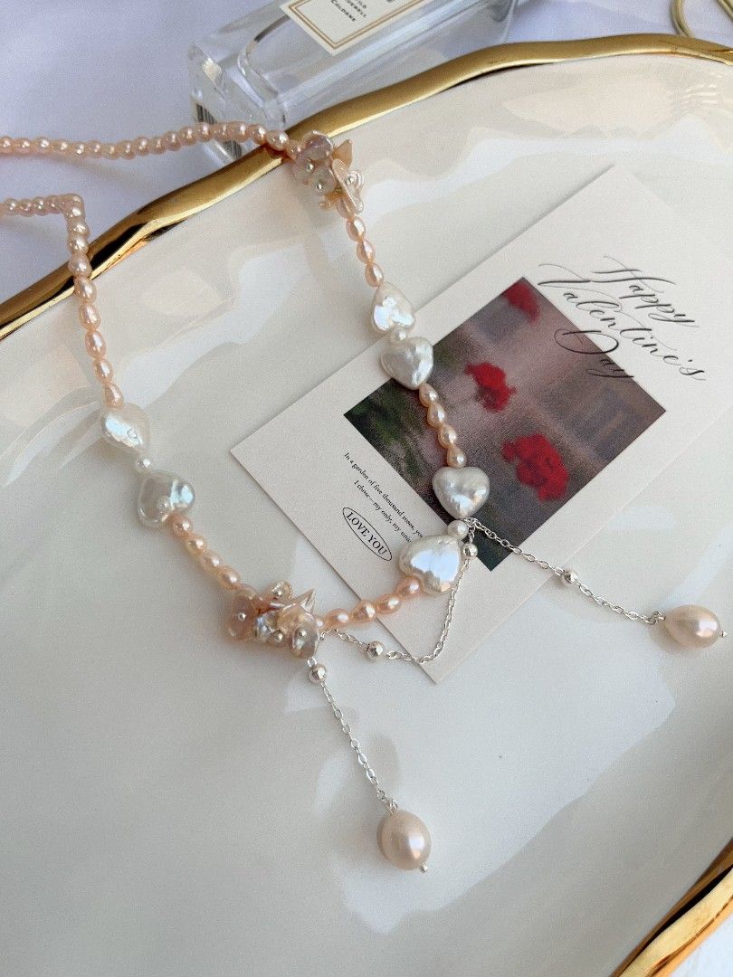 #PN1102 [Floral Series] Freshwater Pearl Necklace| Bow Tie Design| 💜 Shape Baroque| Silver Champagne Petals| Dangling Water drop Baroque Pearl Superb Lustre| 43+5cm| Anniversary Gift 🎁| Add A bit Romance