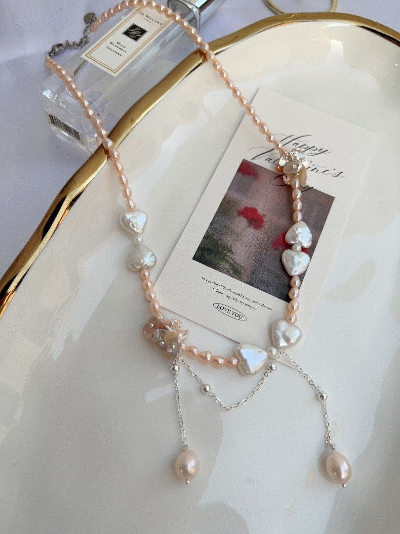 #PN1102 [Floral Series] Freshwater Pearl Necklace| Bow Tie Design| 💜 Shape Baroque| Silver Champagne Petals| Dangling Water drop Baroque Pearl Superb Lustre| 43+5cm| Anniversary Gift 🎁| Add A bit Romance