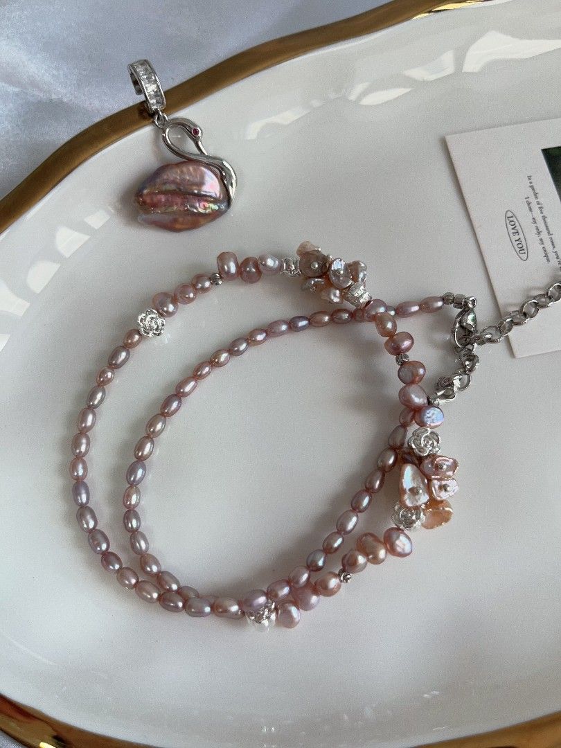 #PN1103 [Floral Series] Freshwater Pearl Necklace| Detachable Metallic Purple Swan Pendant| Wheat Ear Stone Baroque| 21*15mm Swan| 42+5cm| Dancing In Your Heart| Gift 💐 Choice