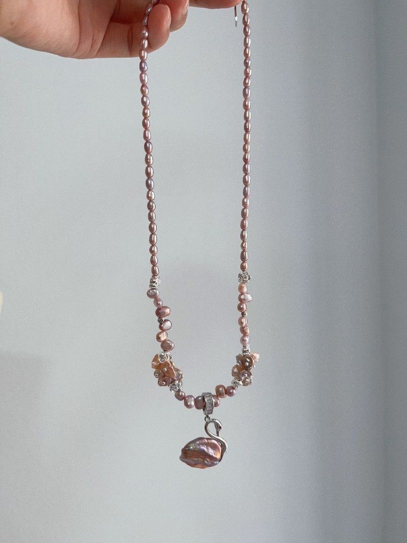 #PN1103 [Floral Series] Freshwater Pearl Necklace| Detachable Metallic Purple Swan Pendant| Wheat Ear Stone Baroque| 21*15mm Swan| 42+5cm| Dancing In Your Heart| Gift 💐 Choice