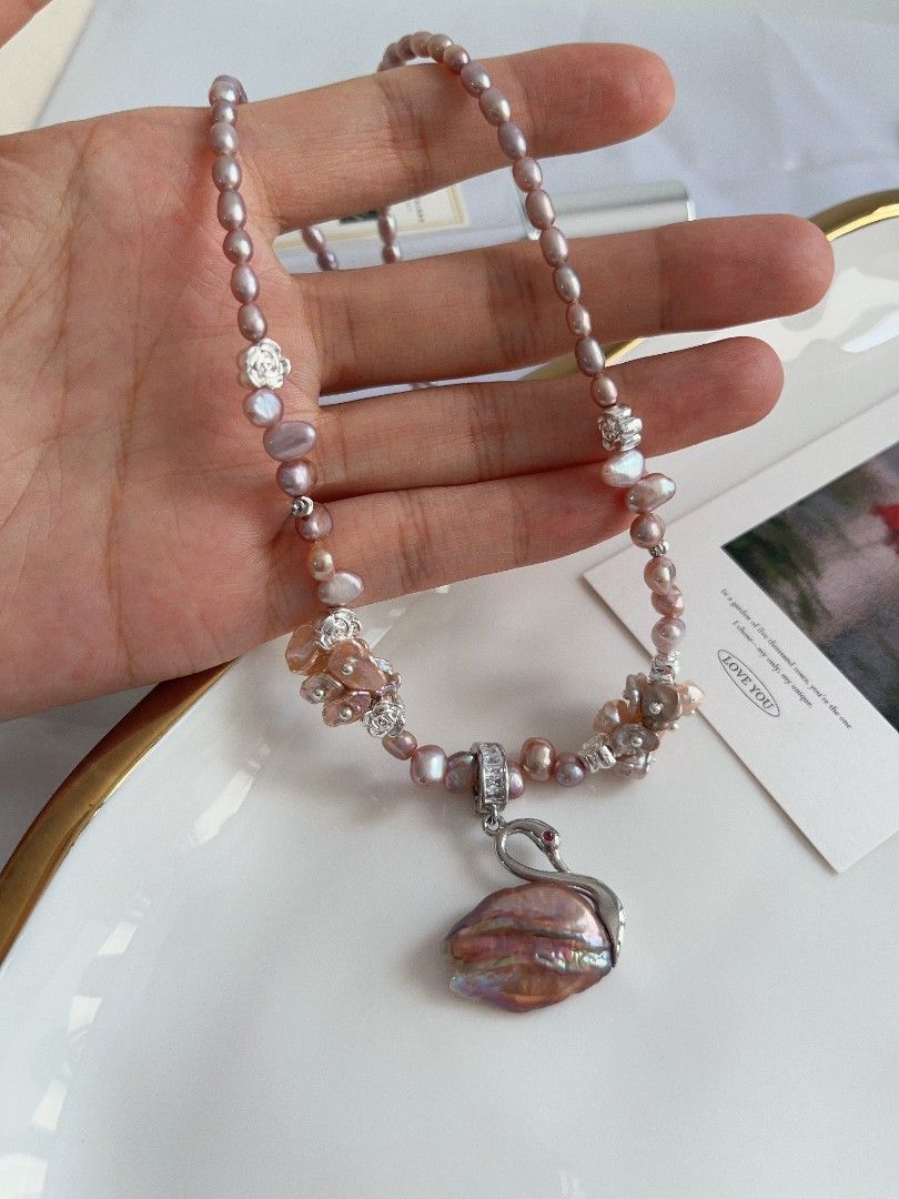 #PN1103 [Floral Series] Freshwater Pearl Necklace| Detachable Metallic Purple Swan Pendant| Wheat Ear Stone Baroque| 21*15mm Swan| 42+5cm| Dancing In Your Heart| Gift 💐 Choice