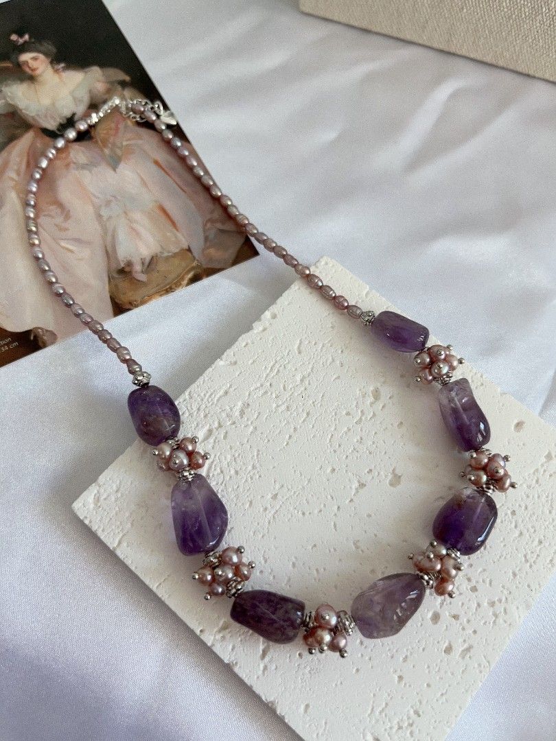 #PN1104 [Floral Series] Freshwater Pearl Necklace|11*15mm Amethyst Freeform Sheen| 4-5mm Purple Baby Pearl| 43+5cm | Chunky Petals| Purple Angel | Mystery Side of You
