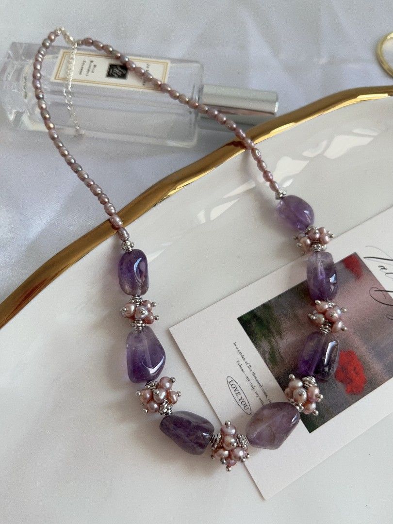 #PN1104 [Floral Series] Freshwater Pearl Necklace|11*15mm Amethyst Freeform Sheen| 4-5mm Purple Baby Pearl| 43+5cm | Chunky Petals| Purple Angel | Mystery Side of You