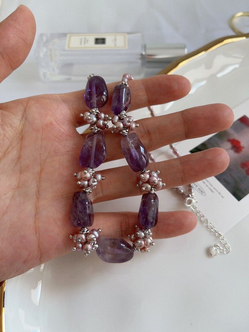 #PN1104 [Floral Series] Freshwater Pearl Necklace|11*15mm Amethyst Freeform Sheen| 4-5mm Purple Baby Pearl| 43+5cm | Chunky Petals| Purple Angel | Mystery Side of You
