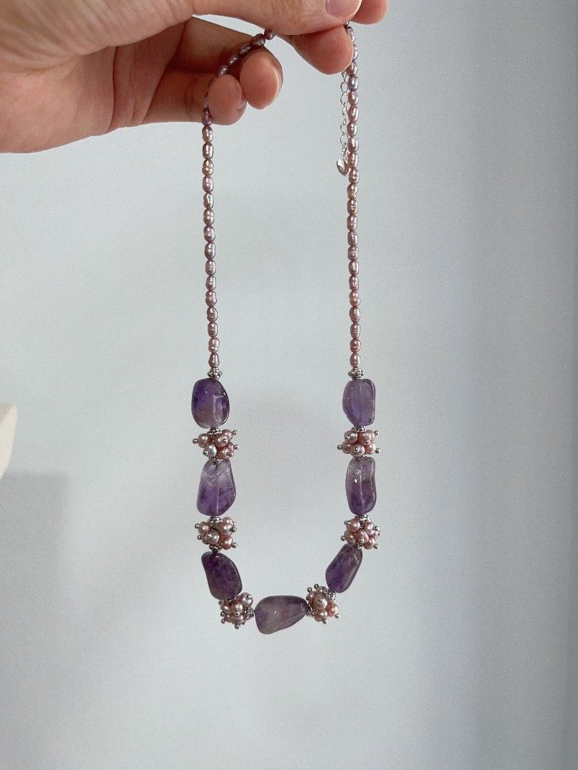 #PN1104 [Floral Series] Freshwater Pearl Necklace|11*15mm Amethyst Freeform Sheen| 4-5mm Purple Baby Pearl| 43+5cm | Chunky Petals| Purple Angel | Mystery Side of You