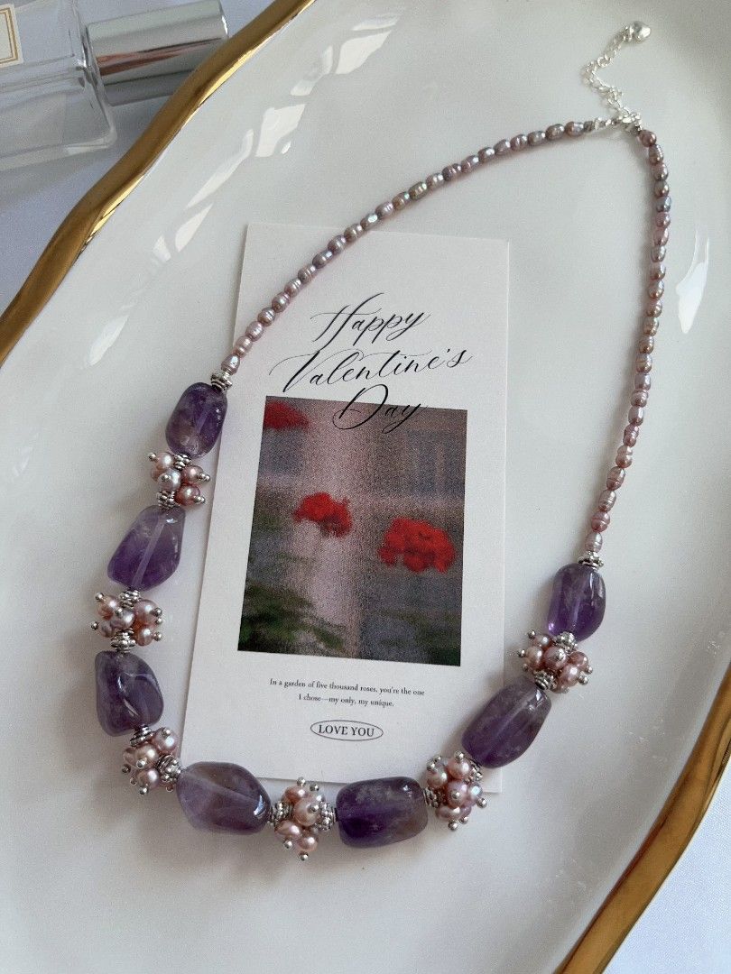 #PN1104 [Floral Series] Freshwater Pearl Necklace|11*15mm Amethyst Freeform Sheen| 4-5mm Purple Baby Pearl| 43+5cm | Chunky Petals| Purple Angel | Mystery Side of You
