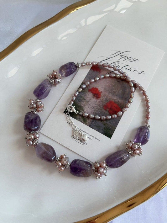 #PN1104 [Floral Series] Freshwater Pearl Necklace|11*15mm Amethyst Freeform Sheen| 4-5mm Purple Baby Pearl| 43+5cm | Chunky Petals| Purple Angel | Mystery Side of You