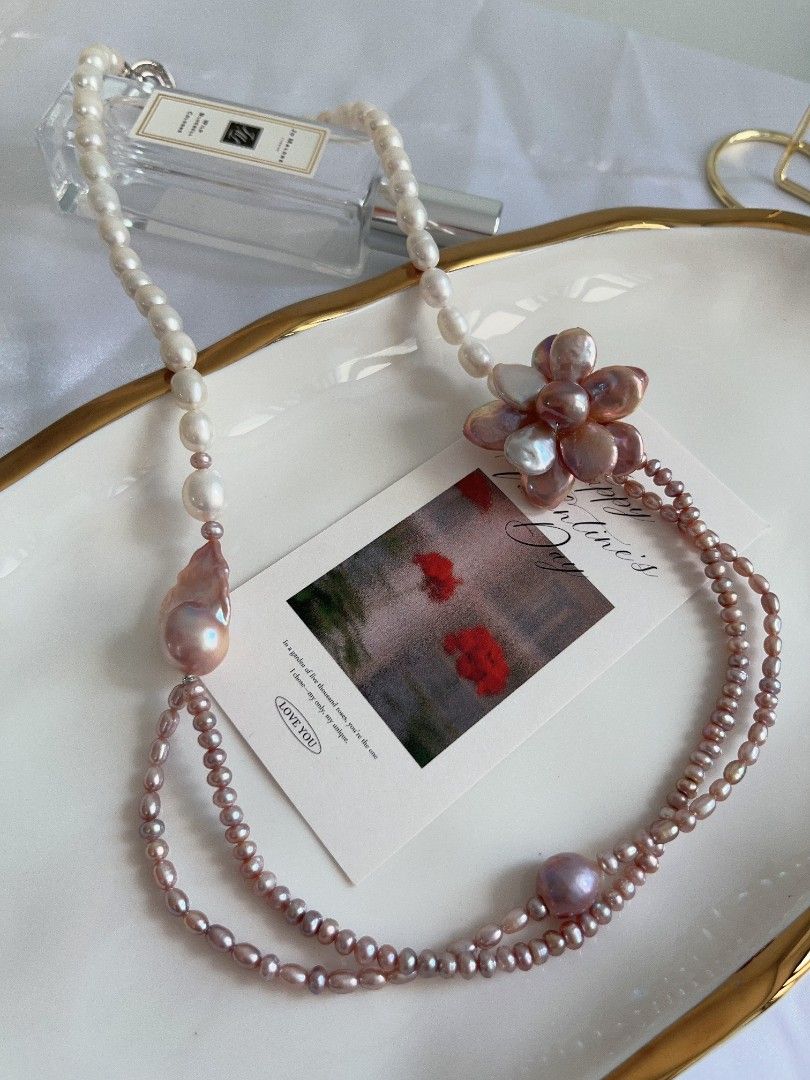 #PN1105 Freshwater Pearl Necklace| 2-layer Baby Pearl| 33mm Big Petal Flower| 27mm Lustrous Fishtail Baroque Pearl| 8mm Rice Pearl|55cm|Special Treat to Yourself