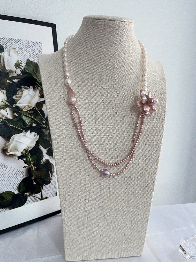 #PN1105 Freshwater Pearl Necklace| 2-layer Baby Pearl| 33mm Big Petal Flower| 27mm Lustrous Fishtail Baroque Pearl| 8mm Rice Pearl|55cm|Special Treat to Yourself