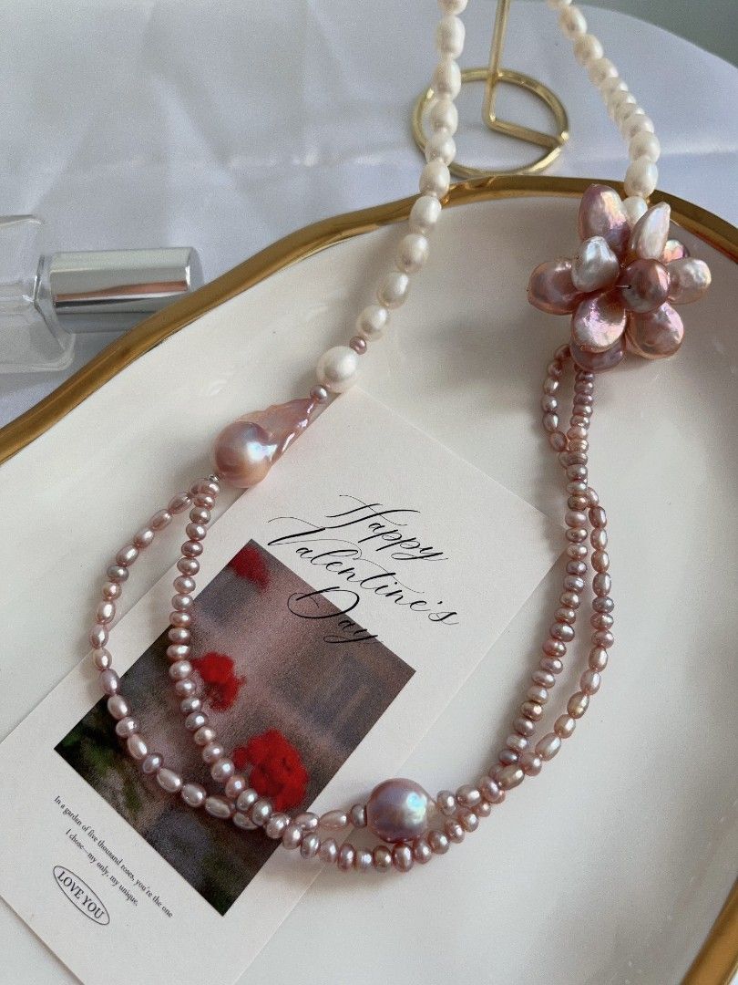 #PN1105 Freshwater Pearl Necklace| 2-layer Baby Pearl| 33mm Big Petal Flower| 27mm Lustrous Fishtail Baroque Pearl| 8mm Rice Pearl|55cm|Special Treat to Yourself