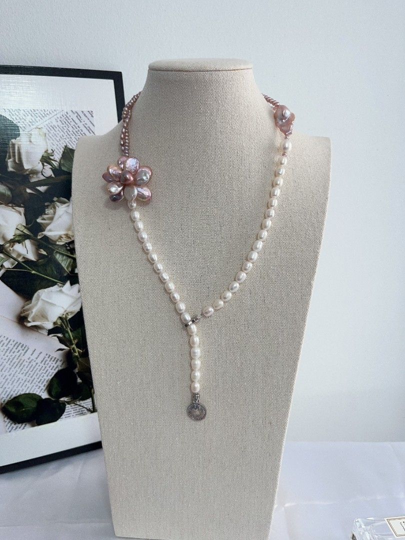#PN1105 Freshwater Pearl Necklace| 2-layer Baby Pearl| 33mm Big Petal Flower| 27mm Lustrous Fishtail Baroque Pearl| 8mm Rice Pearl|55cm|Special Treat to Yourself