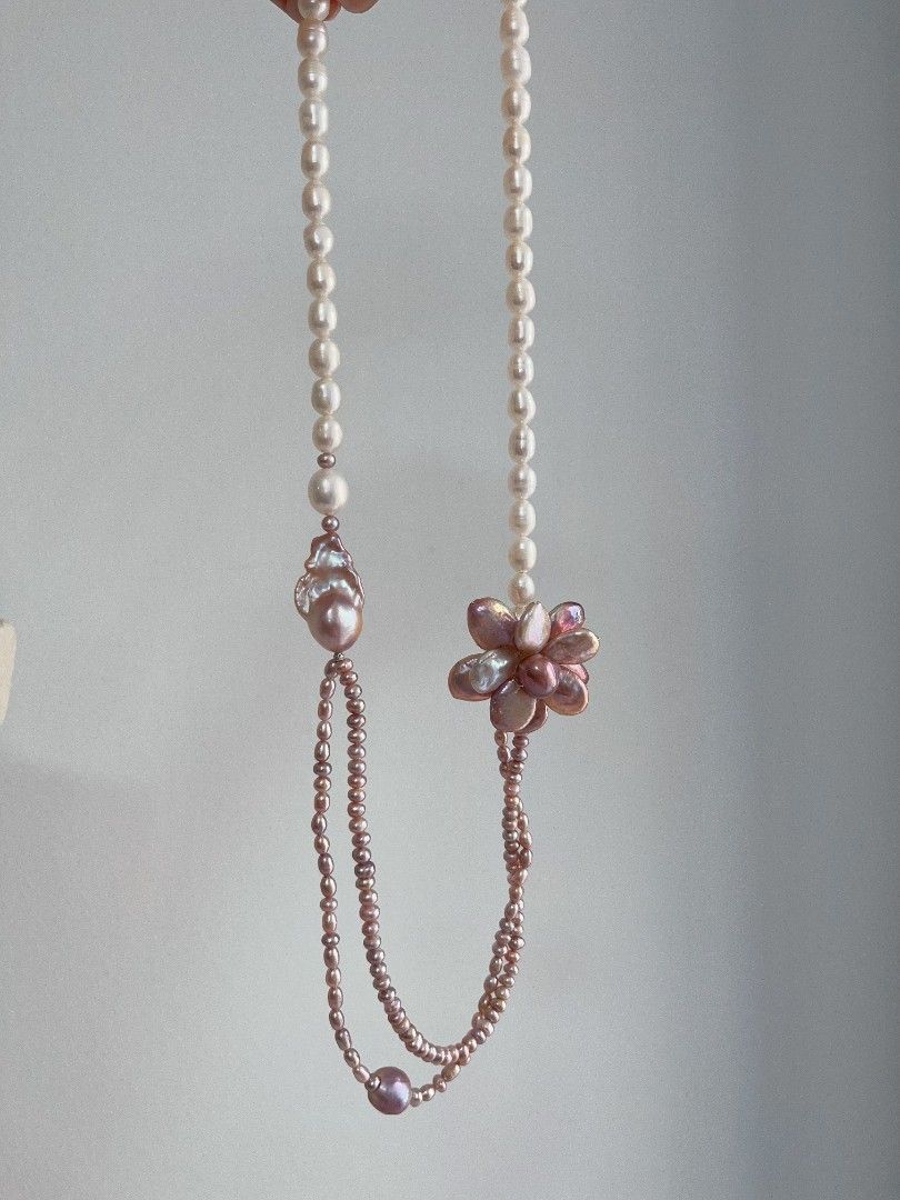 #PN1105 Freshwater Pearl Necklace| 2-layer Baby Pearl| 33mm Big Petal Flower| 27mm Lustrous Fishtail Baroque Pearl| 8mm Rice Pearl|55cm|Special Treat to Yourself
