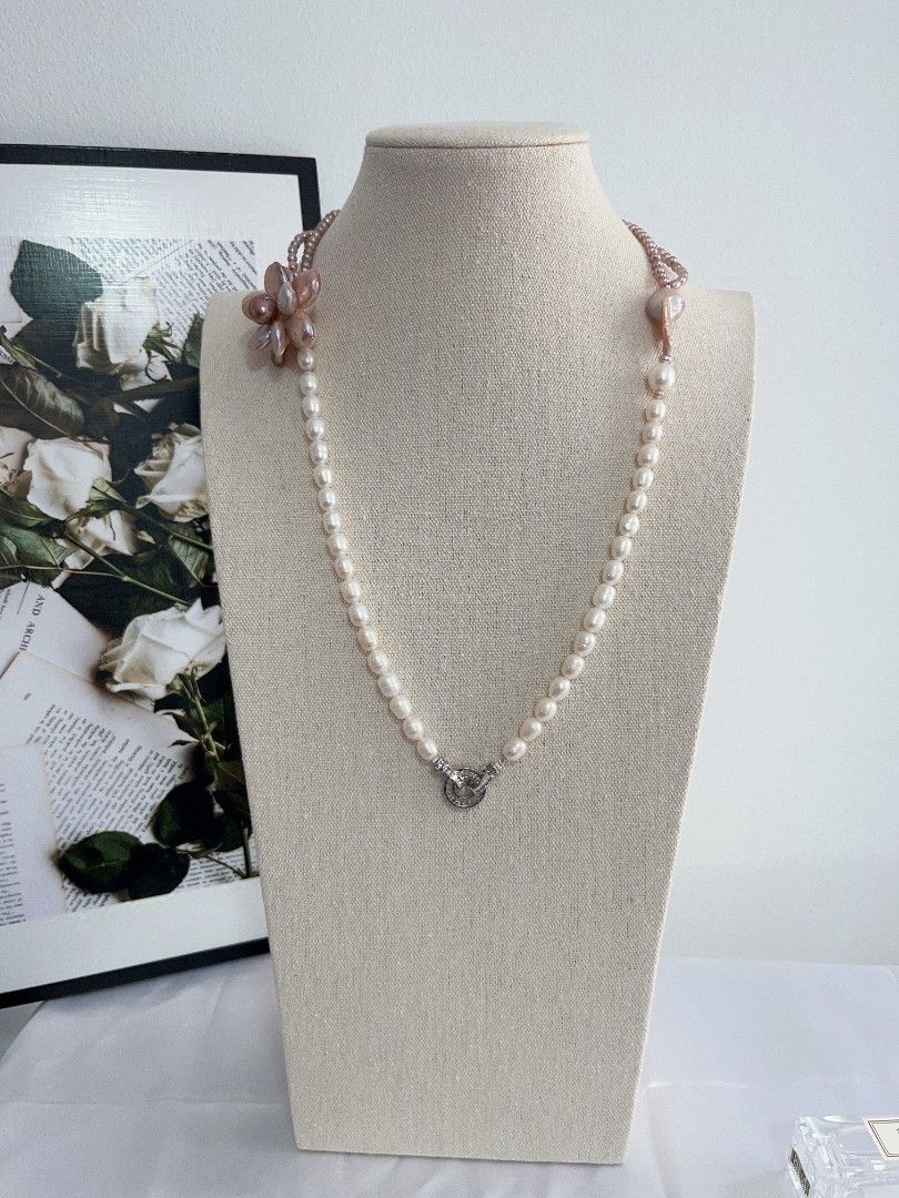 #PN1105 Freshwater Pearl Necklace| 2-layer Baby Pearl| 33mm Big Petal Flower| 27mm Lustrous Fishtail Baroque Pearl| 8mm Rice Pearl|55cm|Special Treat to Yourself