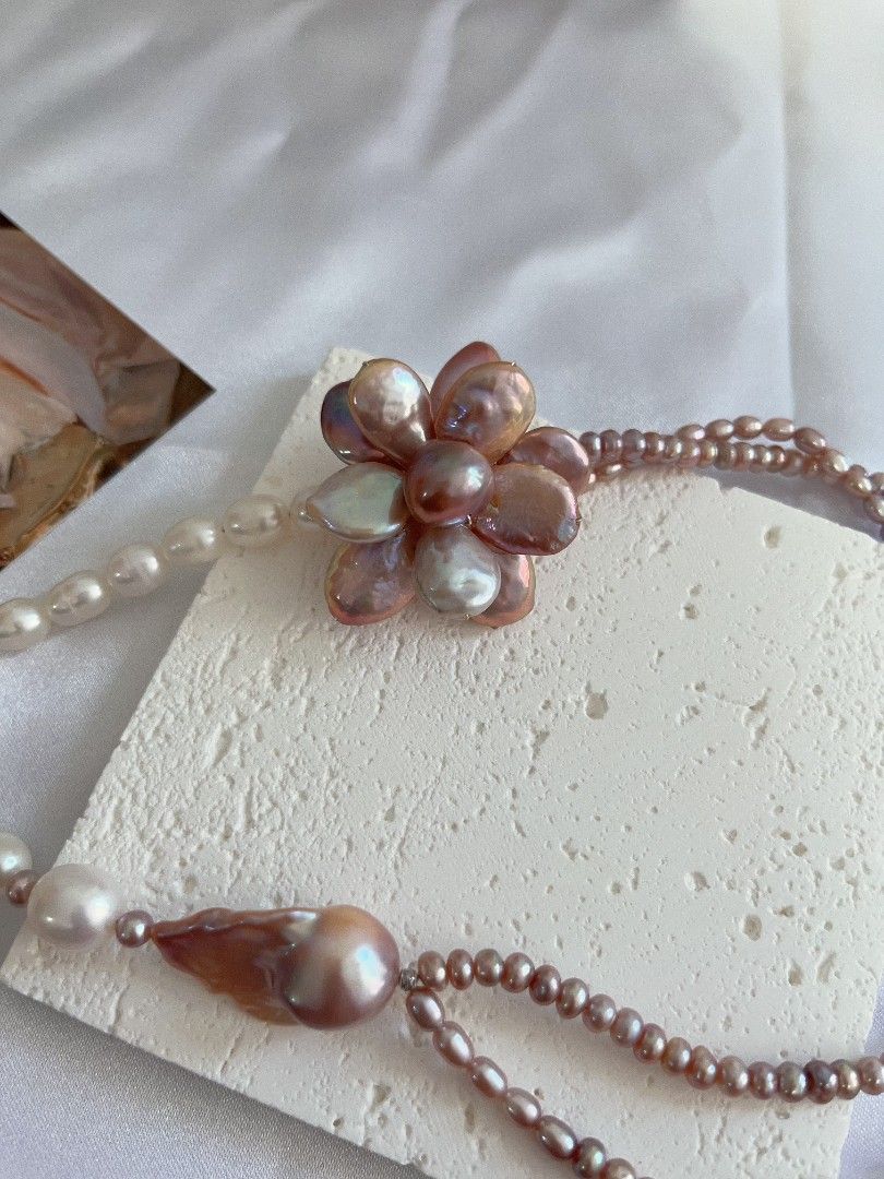 #PN1105 Freshwater Pearl Necklace| 2-layer Baby Pearl| 33mm Big Petal Flower| 27mm Lustrous Fishtail Baroque Pearl| 8mm Rice Pearl|55cm|Special Treat to Yourself