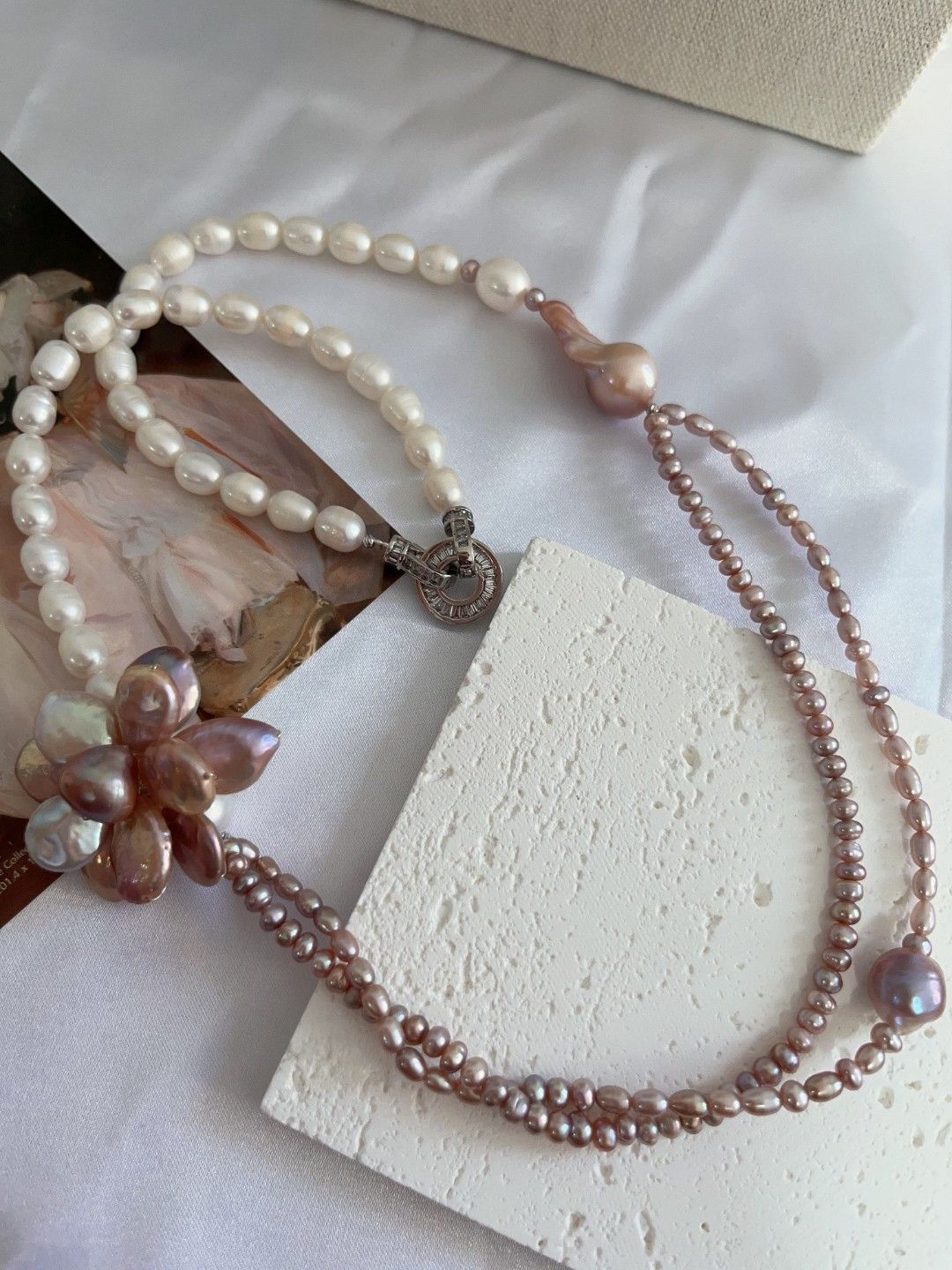 #PN1105 Freshwater Pearl Necklace| 2-layer Baby Pearl| 33mm Big Petal Flower| 27mm Lustrous Fishtail Baroque Pearl| 8mm Rice Pearl|55cm|Special Treat to Yourself