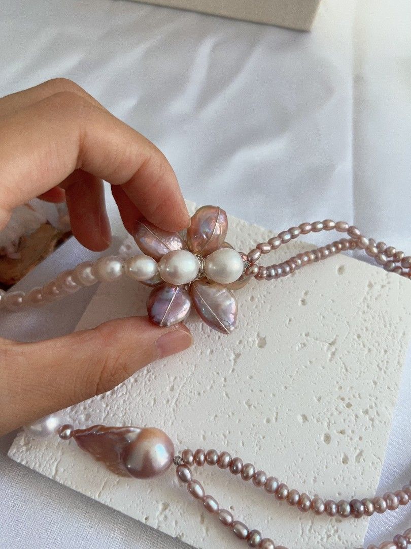 #PN1105 Freshwater Pearl Necklace| 2-layer Baby Pearl| 33mm Big Petal Flower| 27mm Lustrous Fishtail Baroque Pearl| 8mm Rice Pearl|55cm|Special Treat to Yourself