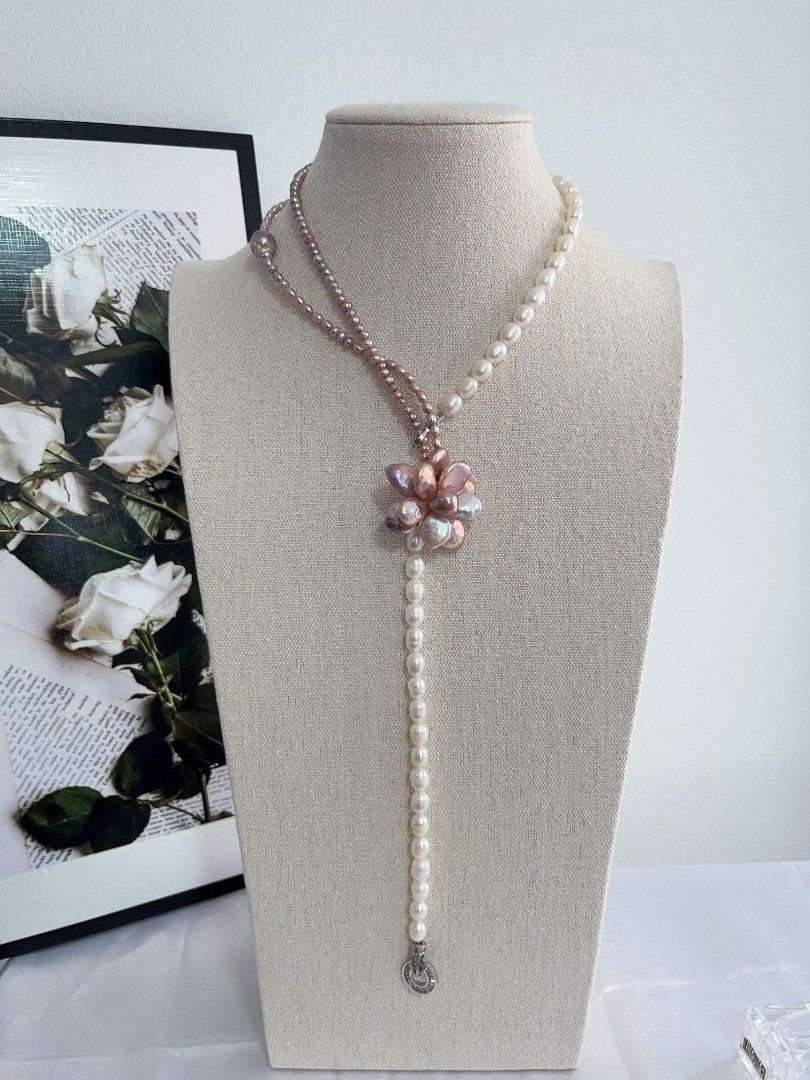 #PN1105 Freshwater Pearl Necklace| 2-layer Baby Pearl| 33mm Big Petal Flower| 27mm Lustrous Fishtail Baroque Pearl| 8mm Rice Pearl|55cm|Special Treat to Yourself