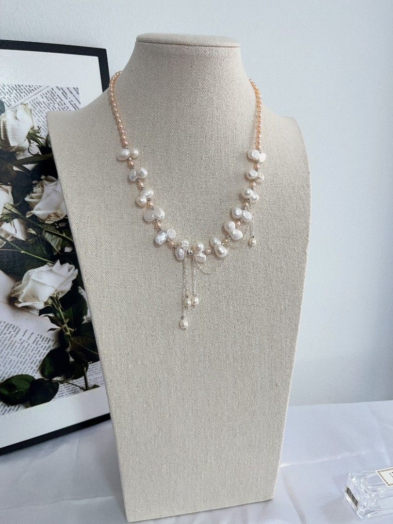 #PN1106 Freshwater Pearl Necklace| Dangling Pearl| 15mm White Peanut 🥜 Pearl| 4-5mm Champagne Rice Baroque| 44+5cm| Fun & Energetic