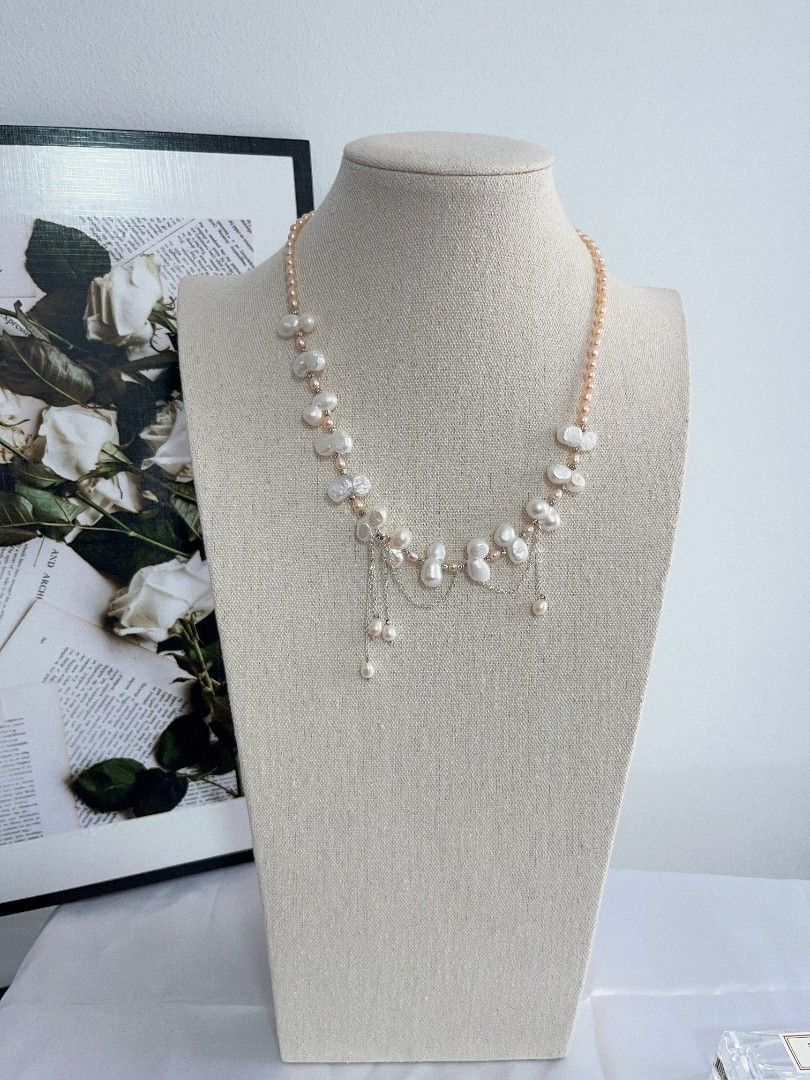 #PN1106 Freshwater Pearl Necklace| Dangling Pearl| 15mm White Peanut 🥜 Pearl| 4-5mm Champagne Rice Baroque| 44+5cm| Fun & Energetic