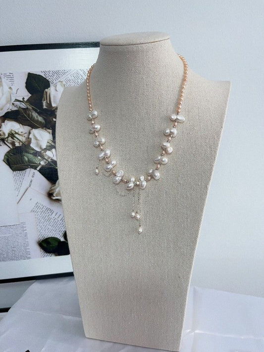 #PN1106 Freshwater Pearl Necklace| Dangling Pearl| 15mm White Peanut 🥜 Pearl| 4-5mm Champagne Rice Baroque| 44+5cm| Fun & Energetic