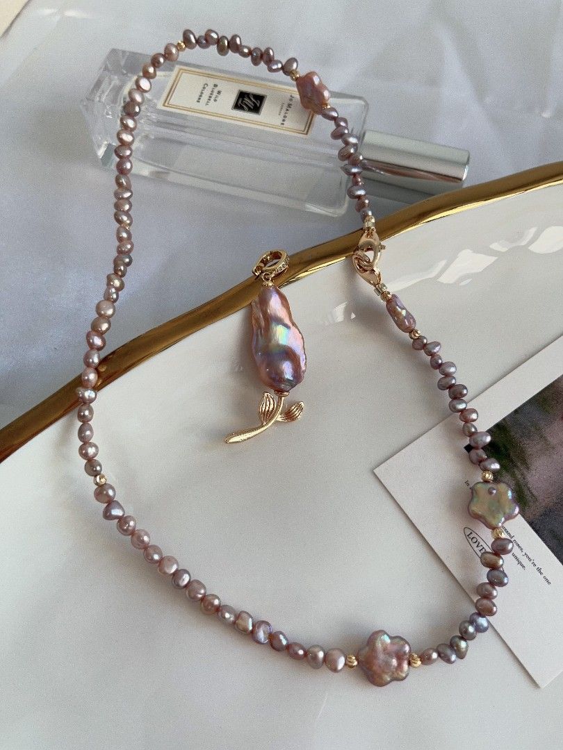 #PN1107 Freshwater Pearl Necklace| Detachable Pendant Fishtail Baroque Flower| 🌹| Golden Purple Lustre| Star ⭐ Shape Baroque| Metallic Purple Baby Pearl Irregular Stones| Double-clasps| Easy to Connect | 42cm| Dainty Elegance