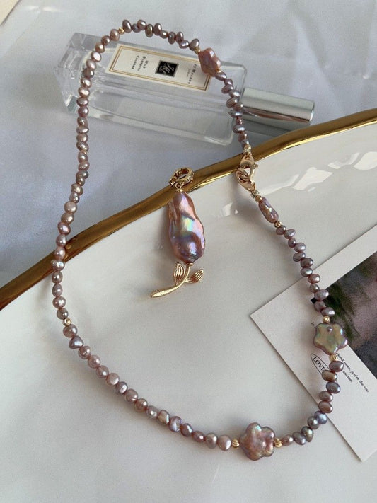 #PN1107 Freshwater Pearl Necklace| Detachable Pendant Fishtail Baroque Flower| 🌹| Golden Purple Lustre| Star ⭐ Shape Baroque| Metallic Purple Baby Pearl Irregular Stones| Double-clasps| Easy to Connect | 42cm| Dainty Elegance