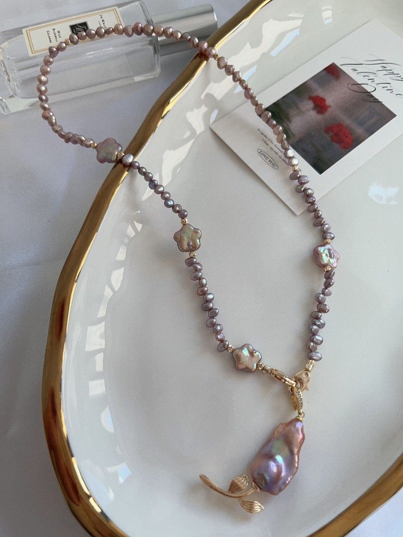 #PN1107 Freshwater Pearl Necklace| Detachable Pendant Fishtail Baroque Flower| 🌹| Golden Purple Lustre| Star ⭐ Shape Baroque| Metallic Purple Baby Pearl Irregular Stones| Double-clasps| Easy to Connect | 42cm| Dainty Elegance