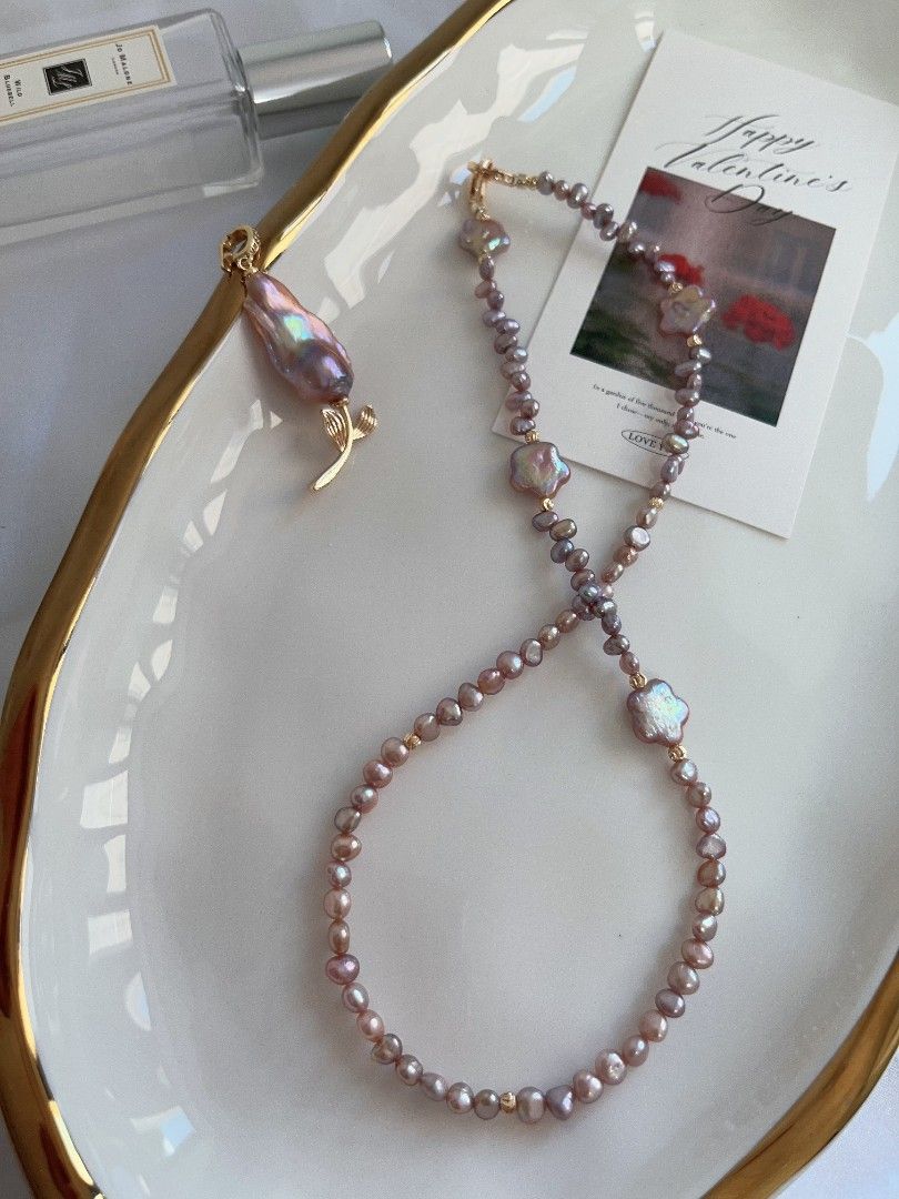 #PN1107 Freshwater Pearl Necklace| Detachable Pendant Fishtail Baroque Flower| 🌹| Golden Purple Lustre| Star ⭐ Shape Baroque| Metallic Purple Baby Pearl Irregular Stones| Double-clasps| Easy to Connect | 42cm| Dainty Elegance