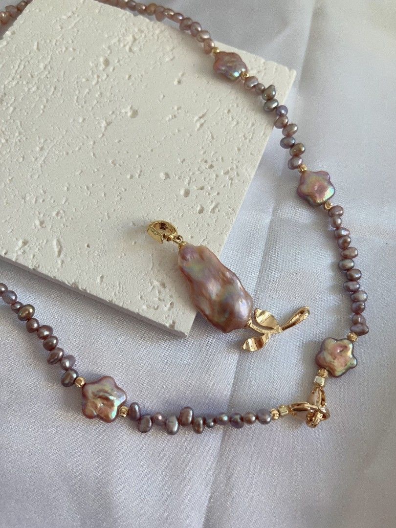 #PN1107 Freshwater Pearl Necklace| Detachable Pendant Fishtail Baroque Flower| 🌹| Golden Purple Lustre| Star ⭐ Shape Baroque| Metallic Purple Baby Pearl Irregular Stones| Double-clasps| Easy to Connect | 42cm| Dainty Elegance
