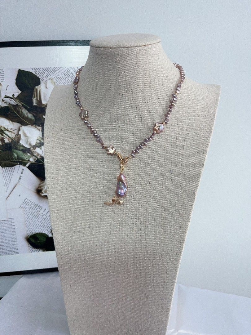 #PN1107 Freshwater Pearl Necklace| Detachable Pendant Fishtail Baroque Flower| 🌹| Golden Purple Lustre| Star ⭐ Shape Baroque| Metallic Purple Baby Pearl Irregular Stones| Double-clasps| Easy to Connect | 42cm| Dainty Elegance