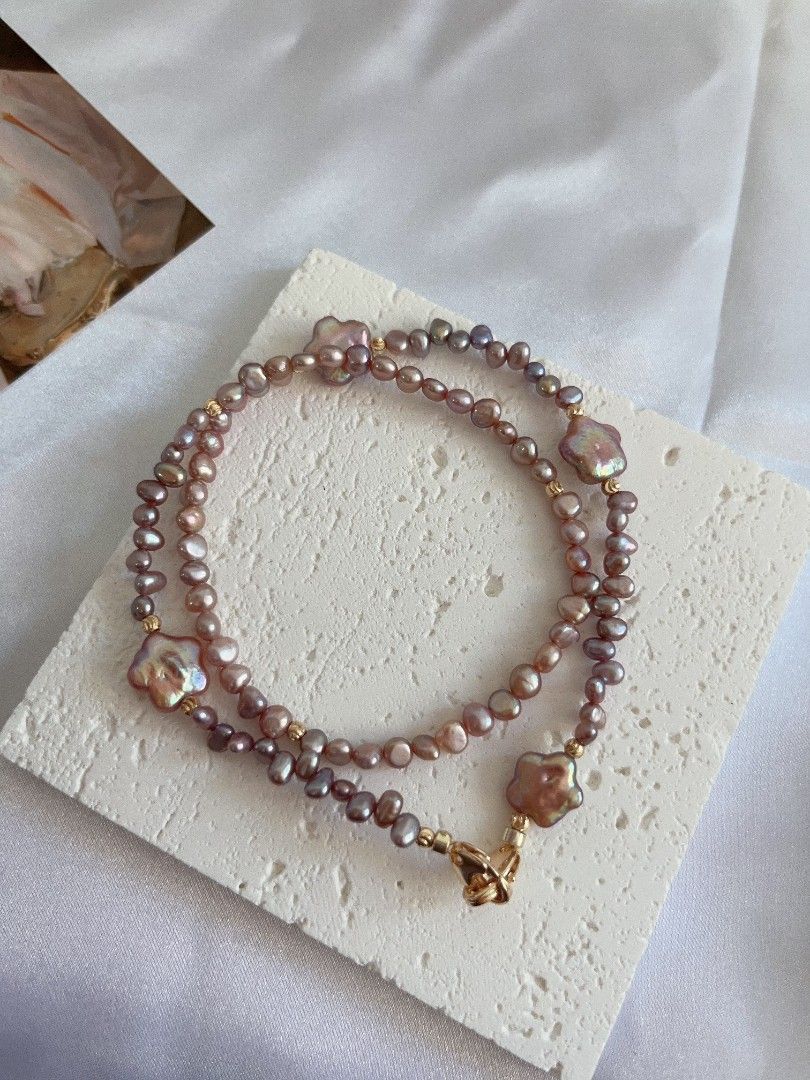 #PN1107 Freshwater Pearl Necklace| Detachable Pendant Fishtail Baroque Flower| 🌹| Golden Purple Lustre| Star ⭐ Shape Baroque| Metallic Purple Baby Pearl Irregular Stones| Double-clasps| Easy to Connect | 42cm| Dainty Elegance