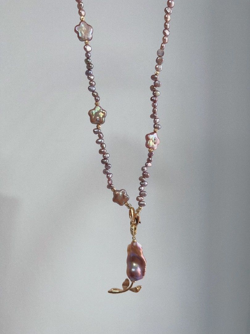 #PN1107 Freshwater Pearl Necklace| Detachable Pendant Fishtail Baroque Flower| 🌹| Golden Purple Lustre| Star ⭐ Shape Baroque| Metallic Purple Baby Pearl Irregular Stones| Double-clasps| Easy to Connect | 42cm| Dainty Elegance