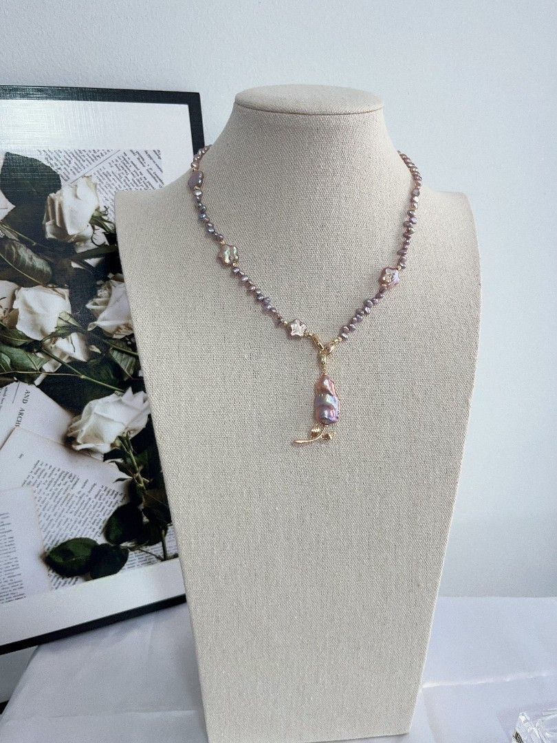#PN1107 Freshwater Pearl Necklace| Detachable Pendant Fishtail Baroque Flower| 🌹| Golden Purple Lustre| Star ⭐ Shape Baroque| Metallic Purple Baby Pearl Irregular Stones| Double-clasps| Easy to Connect | 42cm| Dainty Elegance