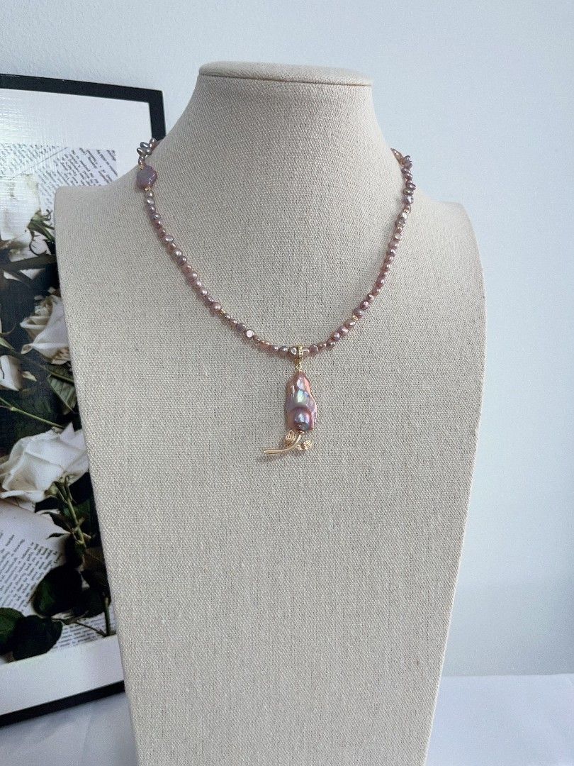 #PN1107 Freshwater Pearl Necklace| Detachable Pendant Fishtail Baroque Flower| 🌹| Golden Purple Lustre| Star ⭐ Shape Baroque| Metallic Purple Baby Pearl Irregular Stones| Double-clasps| Easy to Connect | 42cm| Dainty Elegance