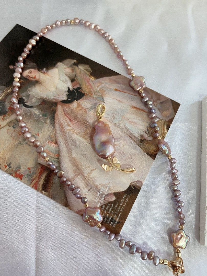 #PN1107 Freshwater Pearl Necklace| Detachable Pendant Fishtail Baroque Flower| 🌹| Golden Purple Lustre| Star ⭐ Shape Baroque| Metallic Purple Baby Pearl Irregular Stones| Double-clasps| Easy to Connect | 42cm| Dainty Elegance