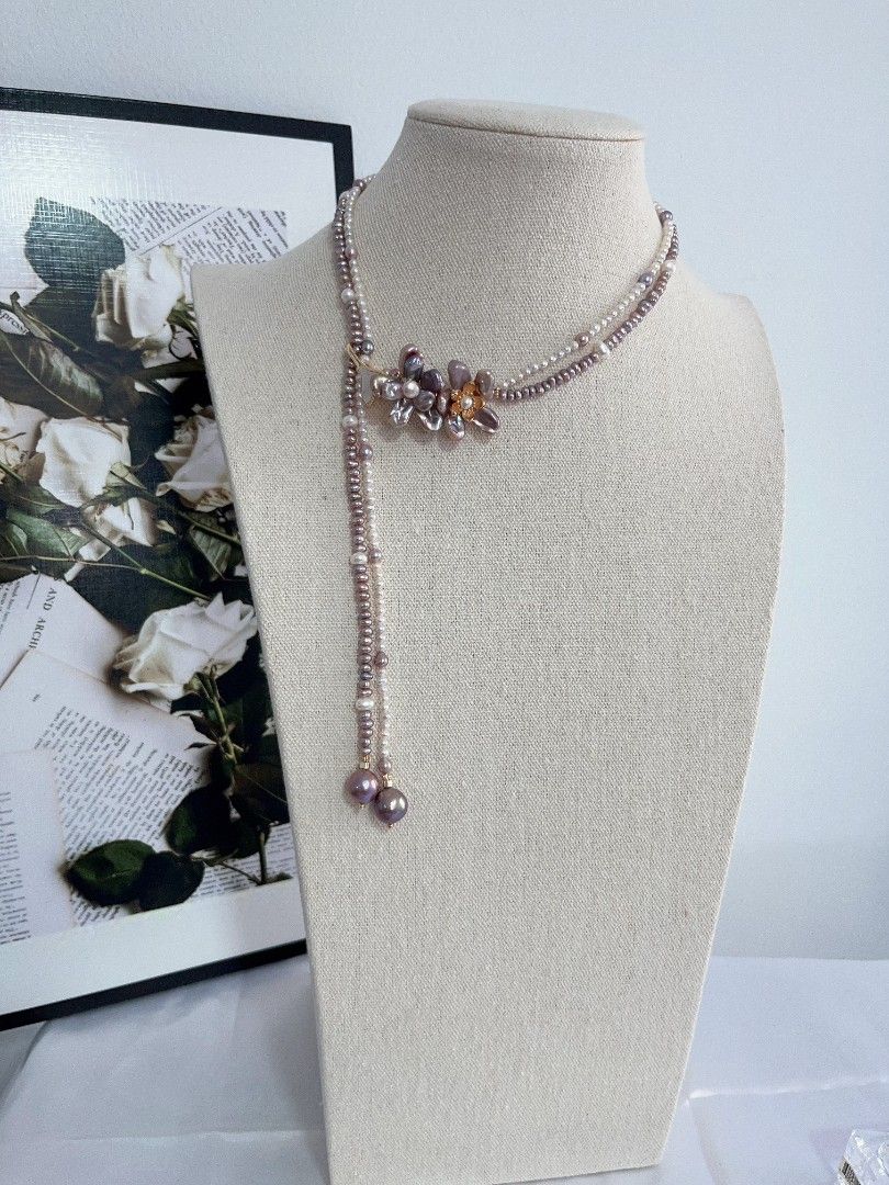 #PN1108 Freshwater Pearl Necklace| 52cm| Multi Wear| 2-layer Baby Pearl 4mm| Double Petal Flowers| Lustrous|MOP Fishtail Clasp| Ultimate Romance