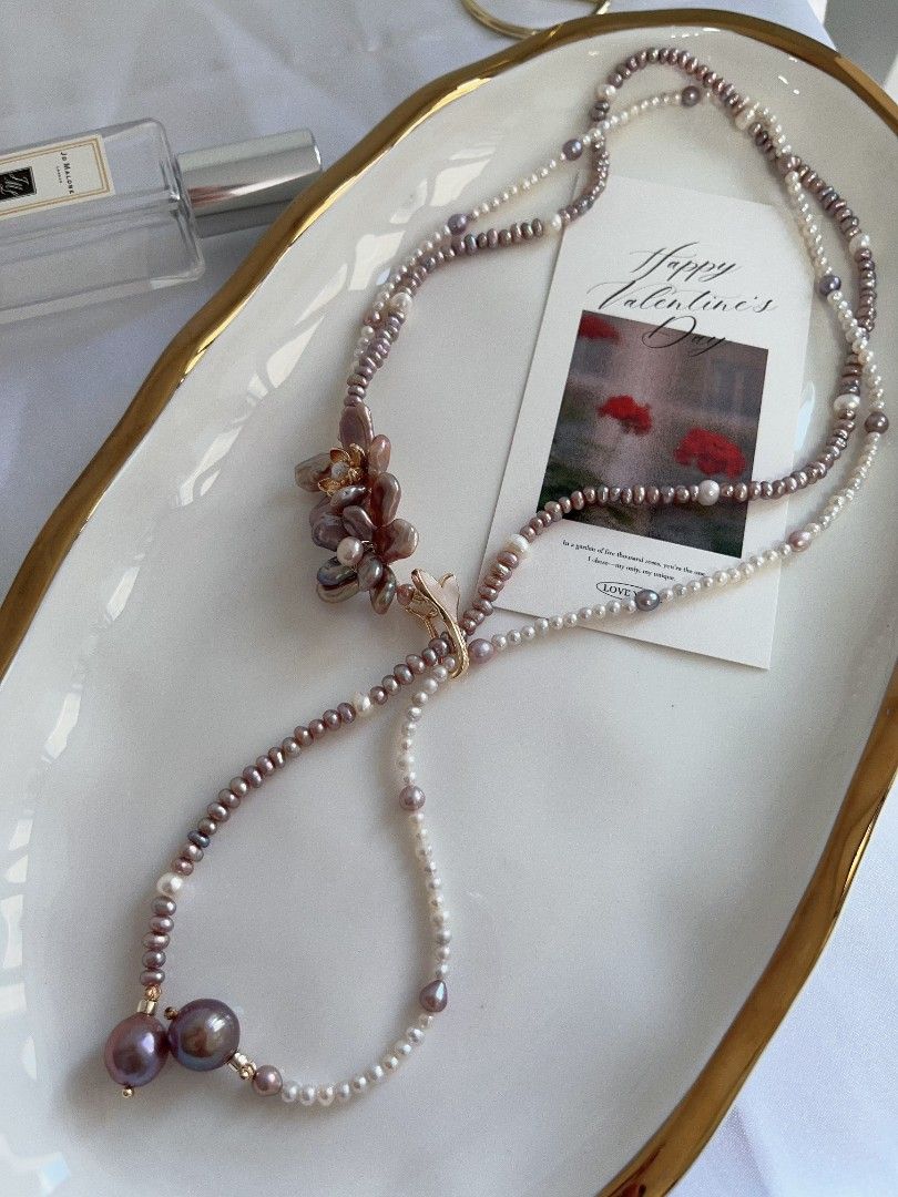 #PN1108 Freshwater Pearl Necklace| 52cm| Multi Wear| 2-layer Baby Pearl 4mm| Double Petal Flowers| Lustrous|MOP Fishtail Clasp| Ultimate Romance