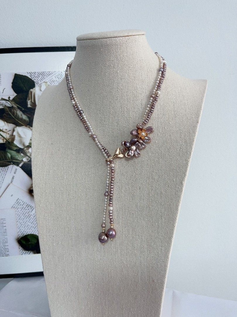 #PN1108 Freshwater Pearl Necklace| 52cm| Multi Wear| 2-layer Baby Pearl 4mm| Double Petal Flowers| Lustrous|MOP Fishtail Clasp| Ultimate Romance