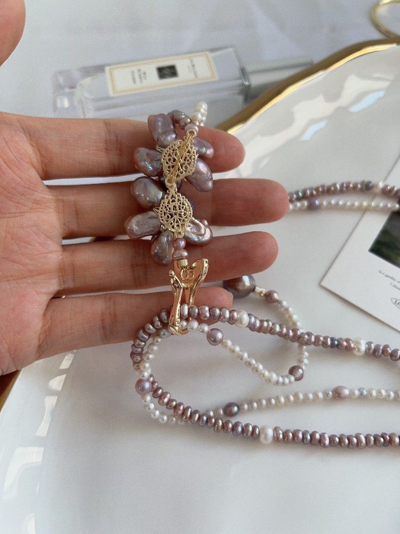 #PN1108 Freshwater Pearl Necklace| 52cm| Multi Wear| 2-layer Baby Pearl 4mm| Double Petal Flowers| Lustrous|MOP Fishtail Clasp| Ultimate Romance