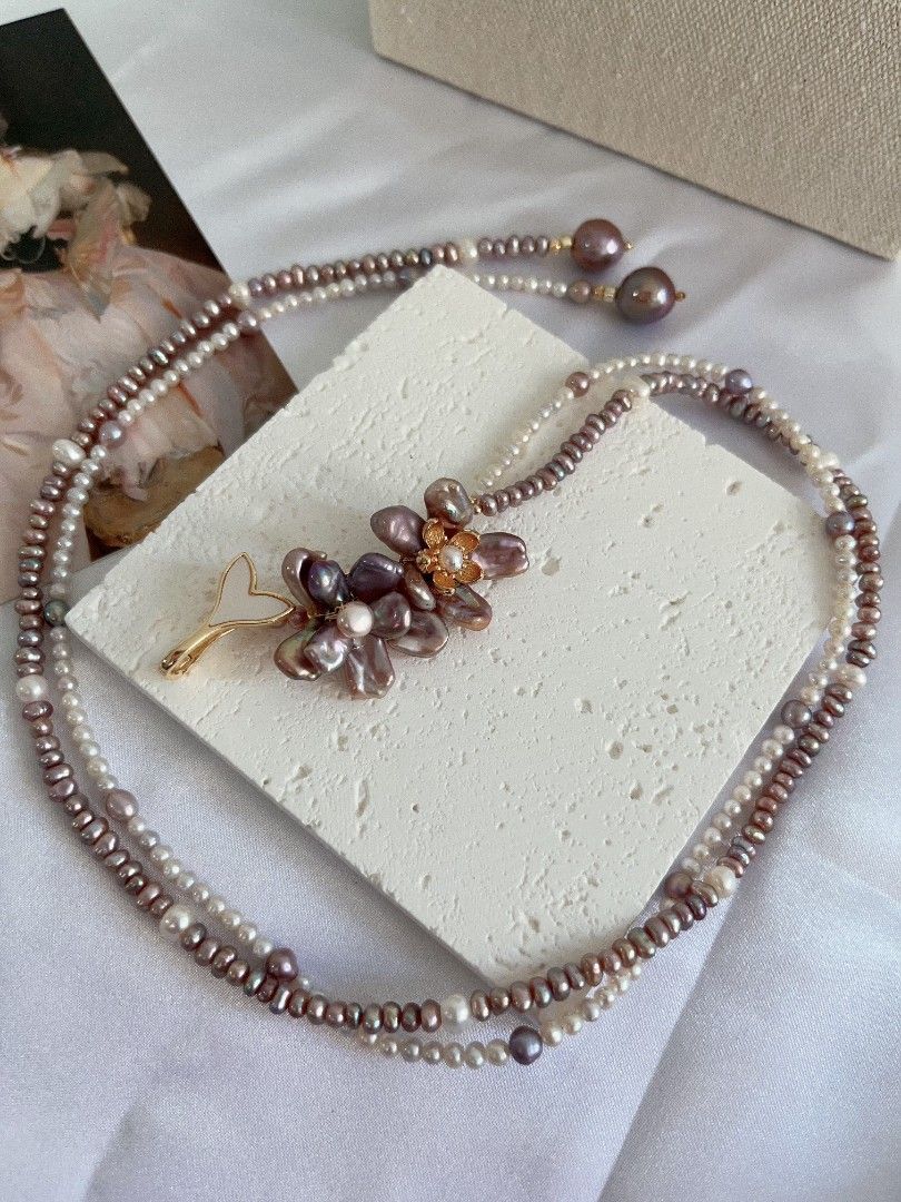 #PN1108 Freshwater Pearl Necklace| 52cm| Multi Wear| 2-layer Baby Pearl 4mm| Double Petal Flowers| Lustrous|MOP Fishtail Clasp| Ultimate Romance