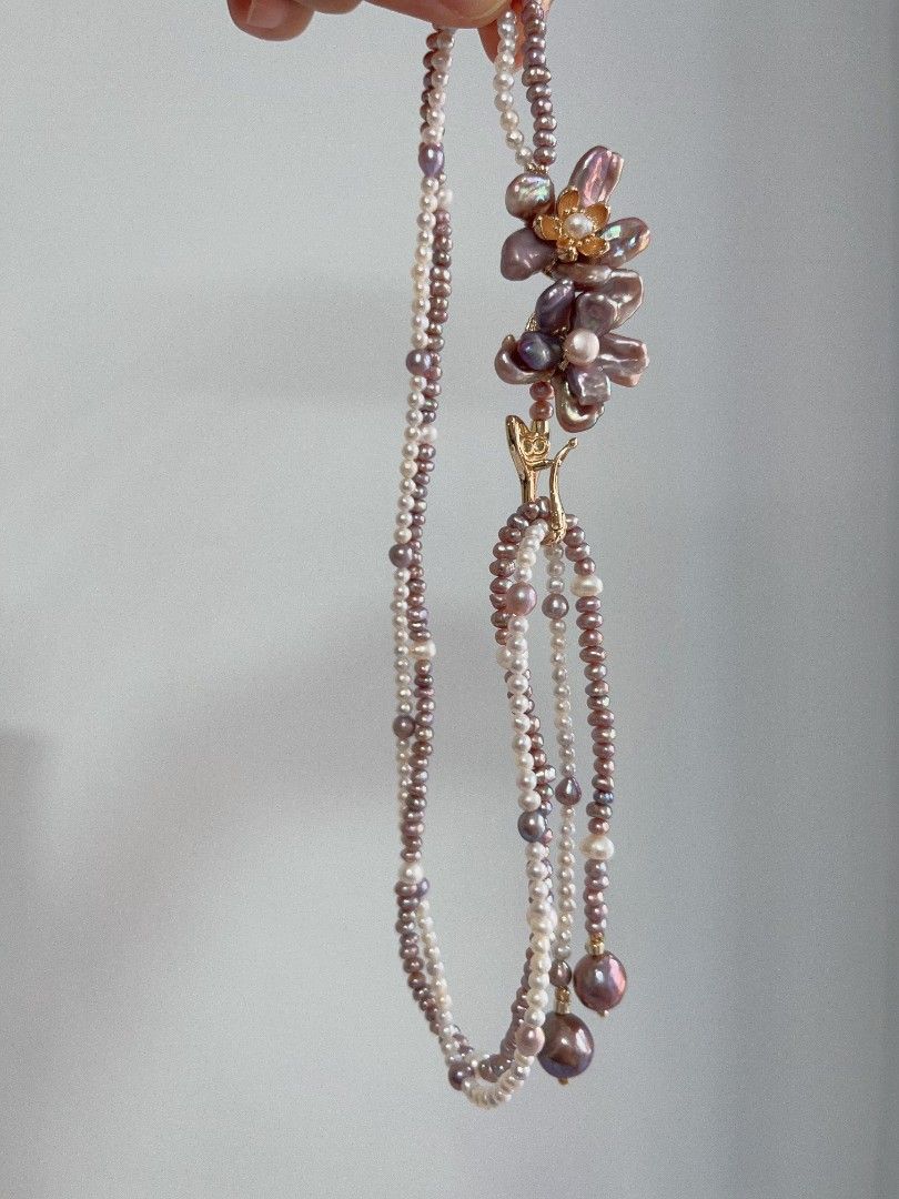 #PN1108 Freshwater Pearl Necklace| 52cm| Multi Wear| 2-layer Baby Pearl 4mm| Double Petal Flowers| Lustrous|MOP Fishtail Clasp| Ultimate Romance