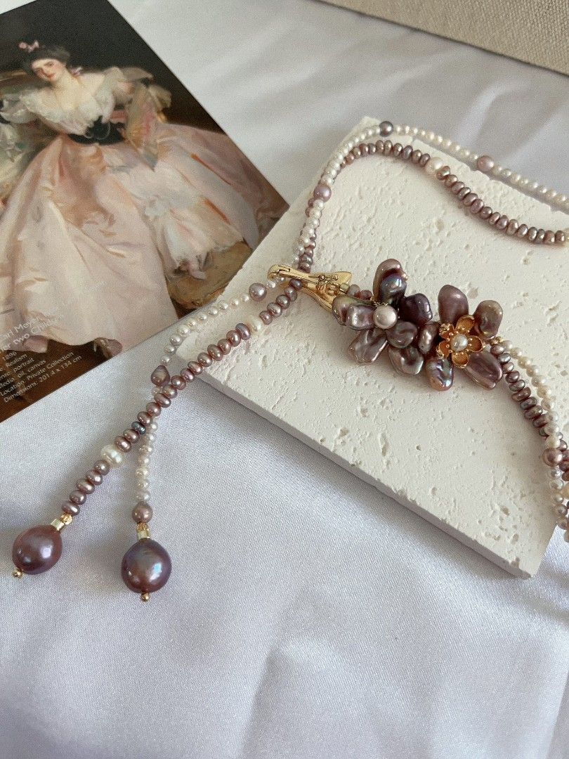 #PN1108 Freshwater Pearl Necklace| 52cm| Multi Wear| 2-layer Baby Pearl 4mm| Double Petal Flowers| Lustrous|MOP Fishtail Clasp| Ultimate Romance