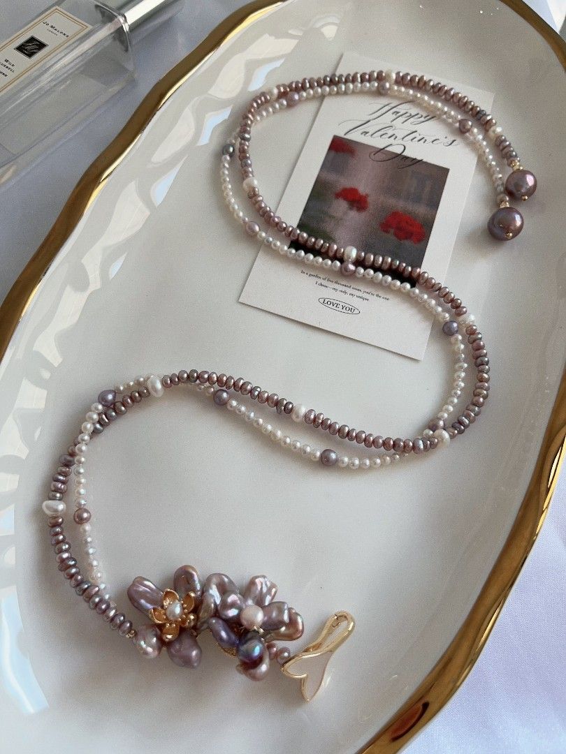 #PN1108 Freshwater Pearl Necklace| 52cm| Multi Wear| 2-layer Baby Pearl 4mm| Double Petal Flowers| Lustrous|MOP Fishtail Clasp| Ultimate Romance