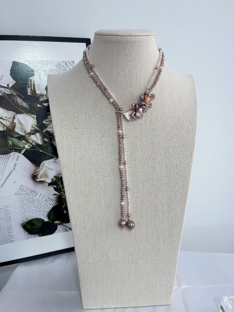 #PN1108 Freshwater Pearl Necklace| 52cm| Multi Wear| 2-layer Baby Pearl 4mm| Double Petal Flowers| Lustrous|MOP Fishtail Clasp| Ultimate Romance
